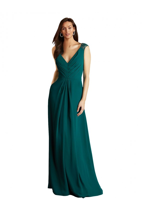 Vert Chasseur Trapèze Col V Mousseline Dentelle Longue Robes demoiselle d'honneur en Gros
