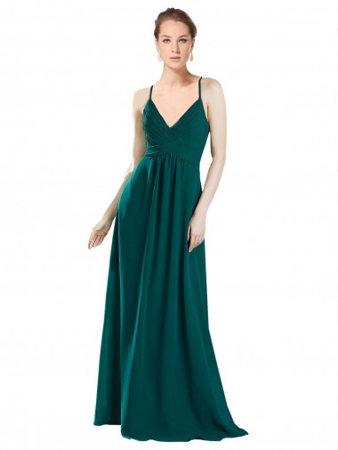Vert Chasseur Trapèze Col V Mousseline Longue Robes demoiselle d'honneur en Gros