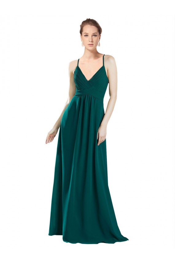 Vert Chasseur Trapèze Col V Mousseline Longue Robes demoiselle d'honneur en Gros