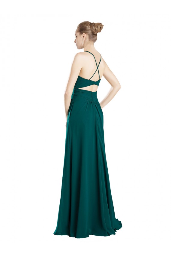 Vert Chasseur Trapèze Col V Mousseline Longue Robes demoiselle d'honneur en Gros