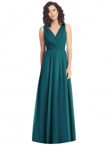 Vert Chasseur Trapèze Col V Mousseline Longue Robes demoiselle d'honneur en Gros