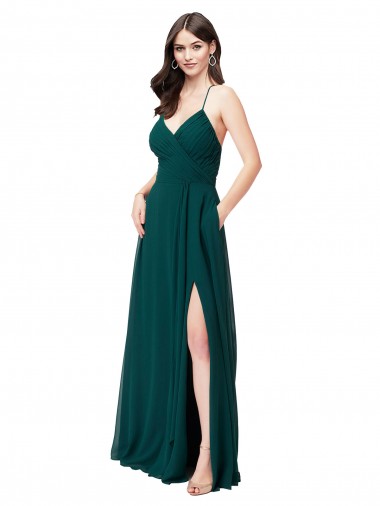 Vert Chasseur Trapèze Col V Mousseline Longue Robes demoiselle d'honneur en Gros