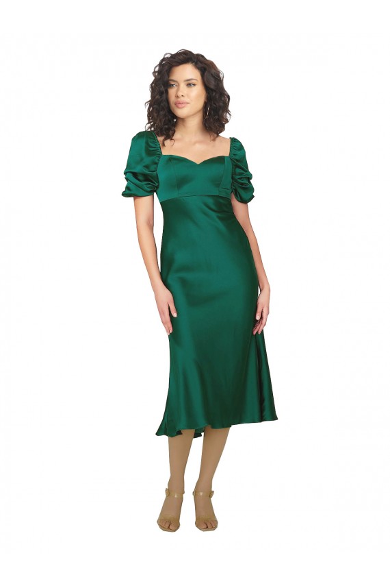 Vert Chasseur Trapèze midi Satiné Soyeux Courte Robes demoiselle d'honneur / Robes de soirée / Robes de bal en Gros