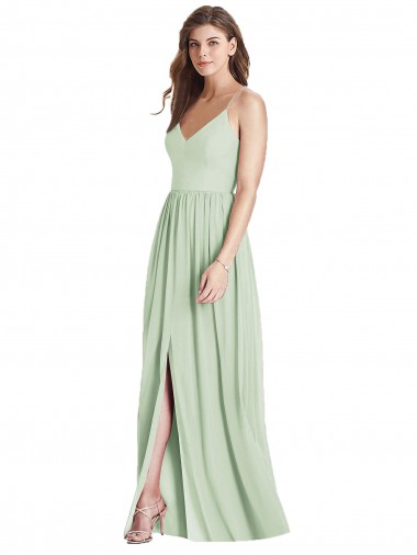 Vert Sauge Trapèze Bretelles spaghetti Col V Mousseline Longue Robes demoiselle d'honneur en Gros