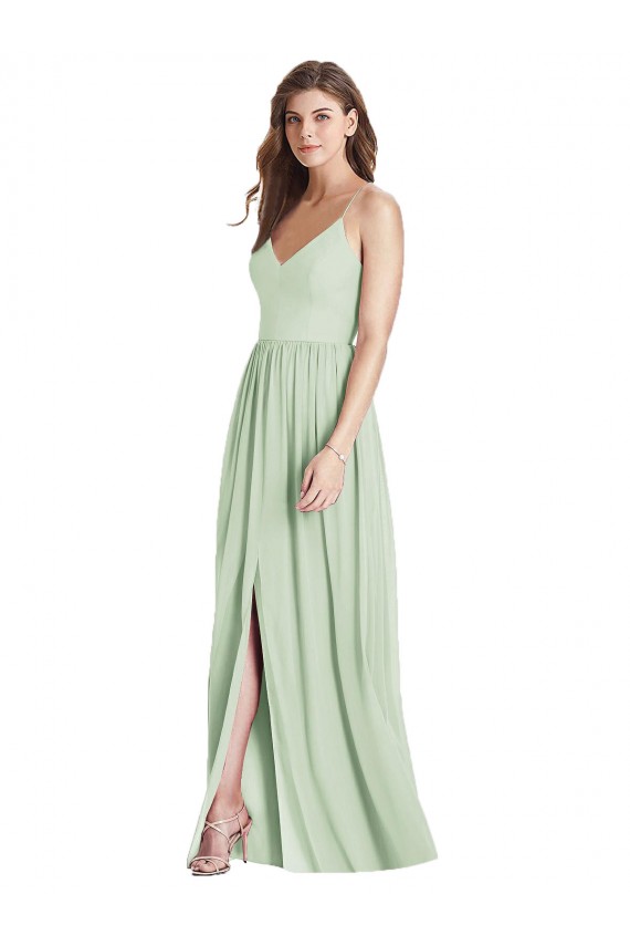 Vert Sauge Trapèze Bretelles spaghetti Col V Mousseline Longue Robes demoiselle d'honneur en Gros