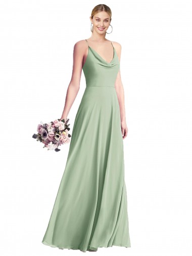 Vert Sauge Trapèze Bretelles spaghetti Mousseline Longue Robes demoiselle d'honneur en Gros
