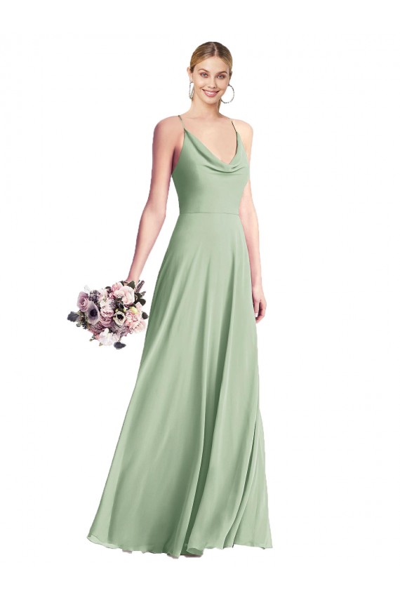 Vert Sauge Trapèze Bretelles spaghetti Mousseline Longue Robes demoiselle d'honneur en Gros
