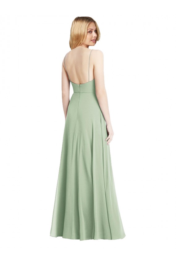 Vert Sauge Trompette Bretelles spaghetti Col Carré Mousseline Longue Formelles Robes demoiselle d'honneur / Robes de soirée en Gros