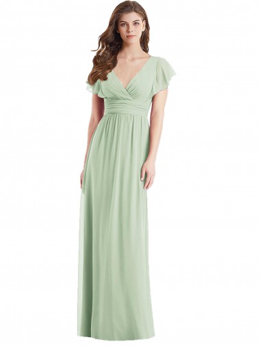 Vert Sauge Trompette Col V Mousseline Longue Robes demoiselle d'honneur en Gros