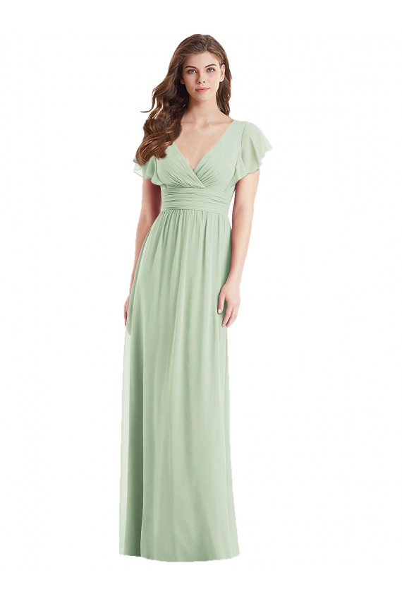 Vert Sauge Trompette Col V Mousseline Longue Robes demoiselle d'honneur en Gros