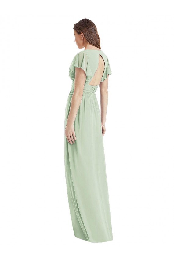 Vert Sauge Trompette Col V Mousseline Longue Robes demoiselle d'honneur en Gros