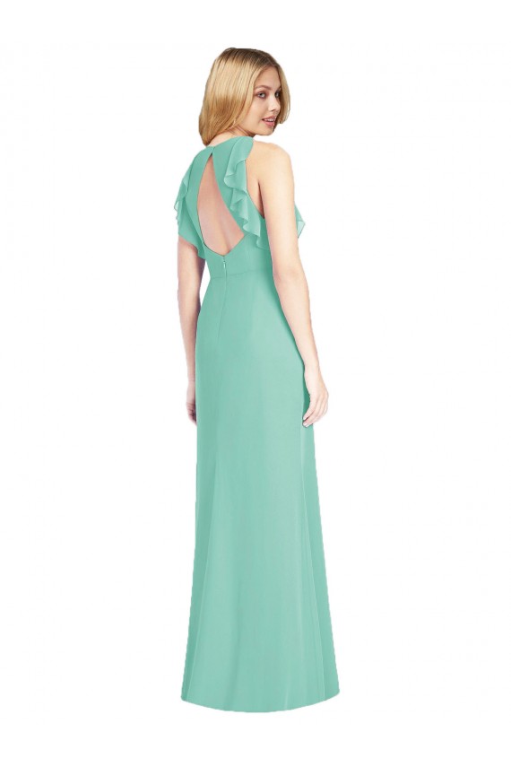 Vert de jade Sirène Col bijou Mousseline Longue Robes demoiselle d'honneur en Gros