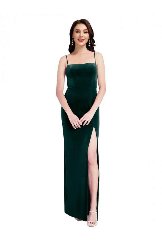 Vert foncé Fourreau Bretelles spaghetti Col Carré Velours Stretch Longue Robes demoiselle d'honneur / Robes de bal en Gros