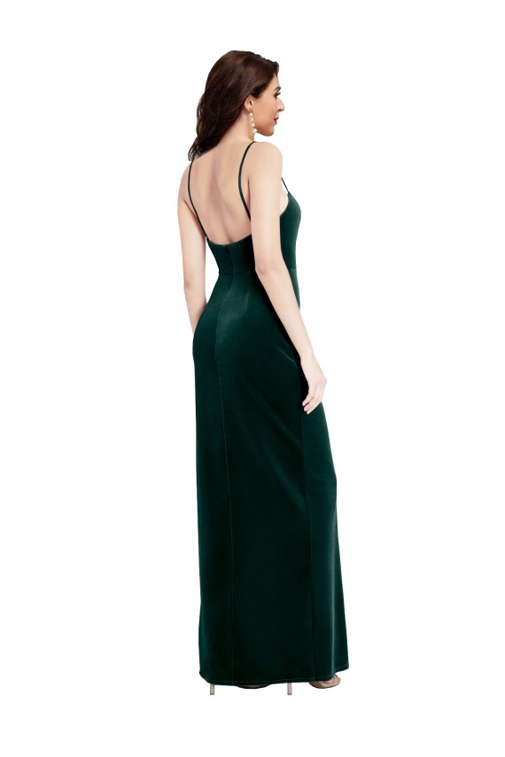 Vert foncé Fourreau Bretelles spaghetti Col Carré Velours Stretch Longue Robes demoiselle d'honneur / Robes de bal en Gros