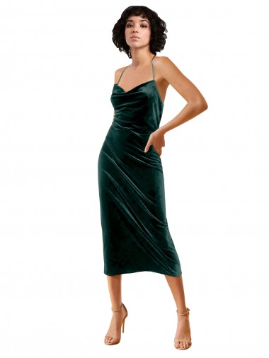 Vert foncé Fourreau Bretelles spaghetti midi Velours Stretch Courte Robes demoiselle d'honneur / Robes de soirée / Robes de cocktail en Gros