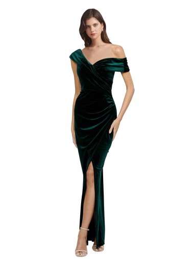 Vert foncé Fourreau Épaule Dénudée Velours Stretch Longue Asymétrique Formelles Robes demoiselle d'honneur / Robes de soirée / Robes de bal en Gros