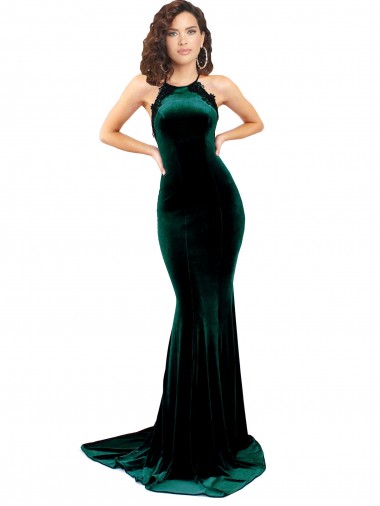 Vert foncé Sirène Col Haut Balayage train Velours Stretch Longue Formelles Robes demoiselle d'honneur / Robes de soirée / Robes de bal en Gros