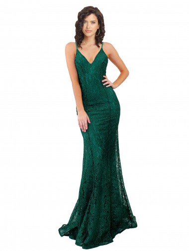 Vert foncé Sirène Col V Dentelle Longue Robes demoiselle d'honneur / Robes de bal en Gros