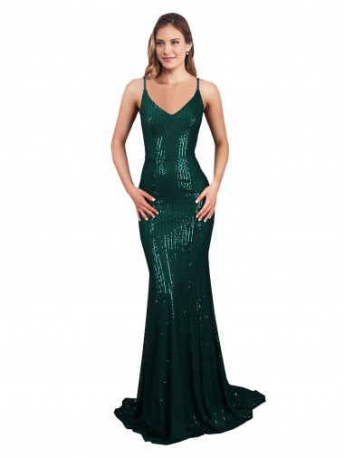 Vert foncé Sirène Col V Paillette Longue Formelles Robes demoiselle d'honneur / Robes de soirée / Robes de bal en Gros