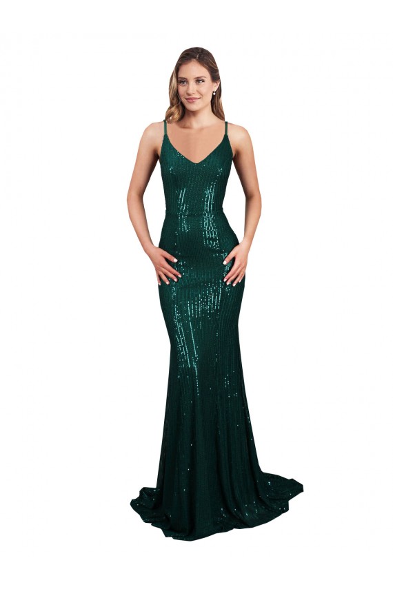 Vert foncé Sirène Col V Paillette Longue Formelles Robes demoiselle d'honneur / Robes de soirée / Robes de bal en Gros
