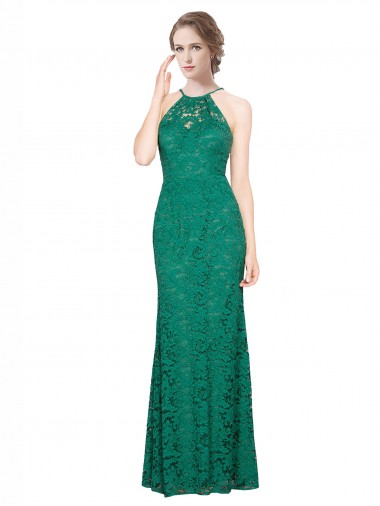 Vert foncé Sirène Licou Col Haut Dentelle Longue Robes demoiselle d'honneur / Robes de bal en Gros