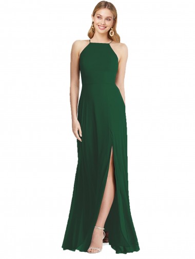 Vert foncé Trapèze Bretelles spaghetti Col Haut Mousseline Longue Robes demoiselle d'honneur en Gros