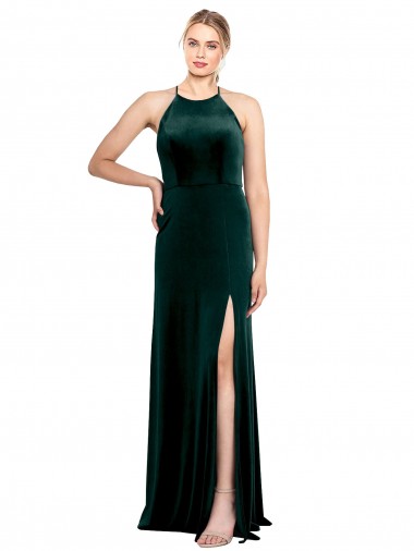 Vert foncé Trapèze Bretelles spaghetti Col bijou Velours Stretch Longue Robes demoiselle d'honneur / Robes de bal en Gros