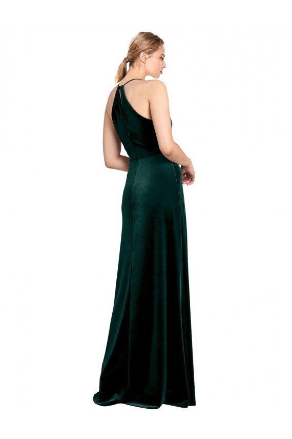 Vert foncé Trapèze Bretelles spaghetti Col bijou Velours Stretch Longue Robes demoiselle d'honneur / Robes de bal en Gros