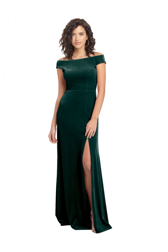 Vert foncé Trapèze Col Carré Velours Stretch Longue Formelles Robes demoiselle d'honneur / Robes de soirée / Robes de bal en Gros