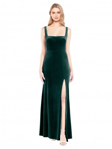 Vert foncé Trapèze Col Carré Velours Stretch Longue Robes demoiselle d'honneur / Robes de bal en Gros