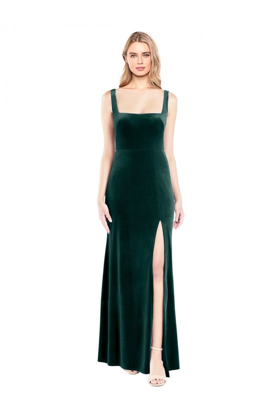 Vert foncé Trapèze Col Carré Velours Stretch Longue Robes demoiselle d'honneur / Robes de bal en Gros