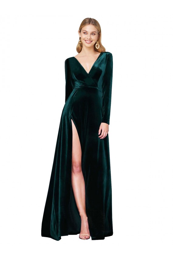 Vert foncé Trapèze Col V Balayage train Velours Stretch Longue Formelles Robes demoiselle d'honneur / Robes de soirée / Robes de bal en Gros