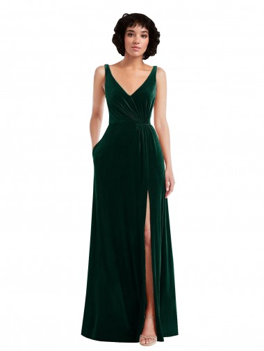 Vert foncé Trapèze Col V Velours Stretch Longue Robes demoiselle d'honneur / Robes de bal en Gros