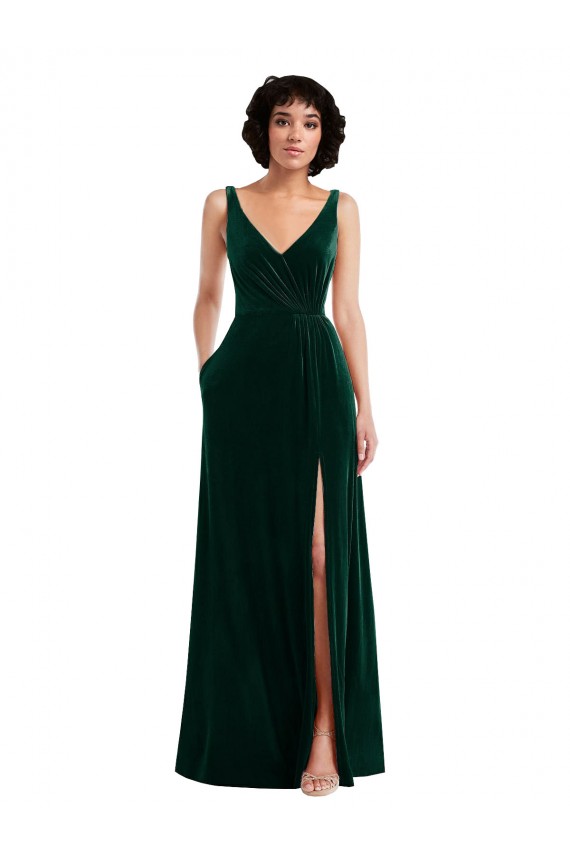 Vert foncé Trapèze Col V Velours Stretch Longue Robes demoiselle d'honneur / Robes de bal en Gros