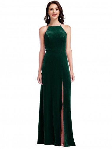 Vert foncé Trapèze Licou Col Haut Velours Stretch Longue Robes demoiselle d'honneur / Robes de bal en Gros