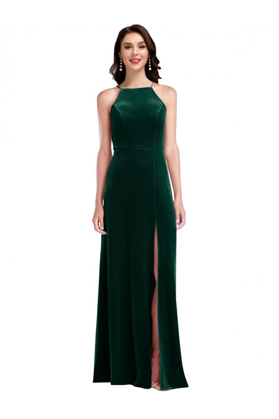 Vert foncé Trapèze Licou Col Haut Velours Stretch Longue Robes demoiselle d'honneur / Robes de bal en Gros