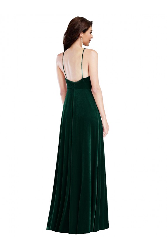 Vert foncé Trapèze Licou Col Haut Velours Stretch Longue Robes demoiselle d'honneur / Robes de bal en Gros