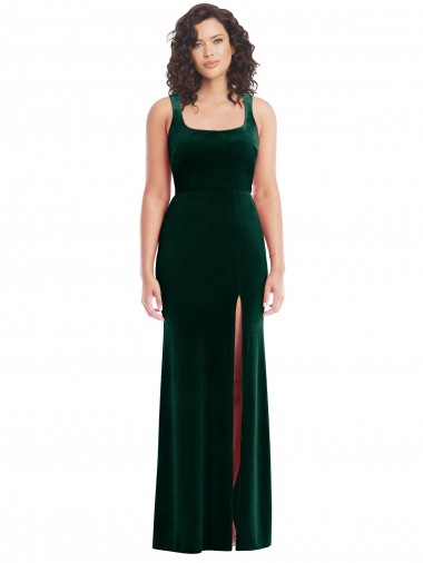 Vert foncé Trompette Col Carré Velours Stretch Longue Robes demoiselle d'honneur / Robes de bal en Gros