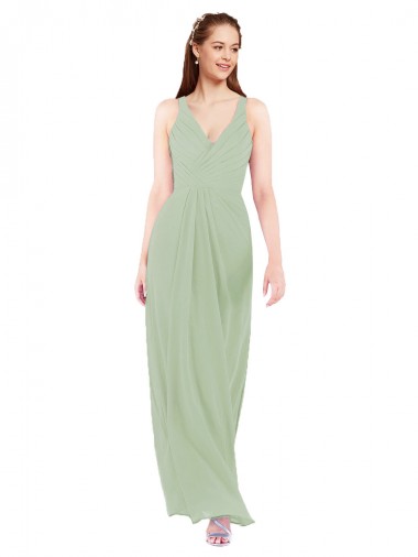 Vert fumée Fourreau Col V Mousseline Longue Robes demoiselle d'honneur en Gros