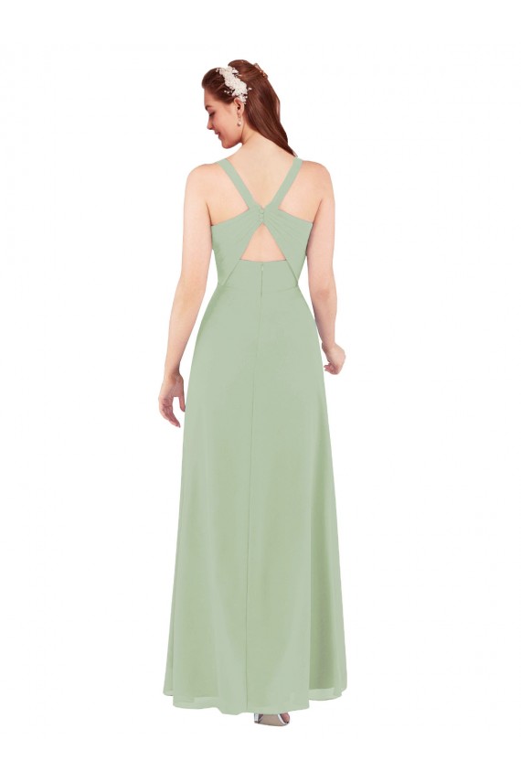 Vert fumée Fourreau Col V Mousseline Longue Robes demoiselle d'honneur en Gros