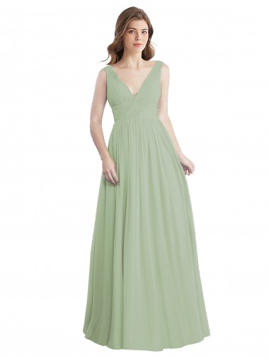 Vert fumée Trapèze Col V Mousseline Longue Robes demoiselle d'honneur en Gros