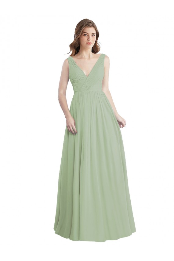 Vert fumée Trapèze Col V Mousseline Longue Robes demoiselle d'honneur en Gros