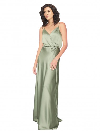 Vert fumée Trapèze Col V Satiné Soyeux Longue Formelles Robes demoiselle d'honneur / Robes de soirée en Gros
