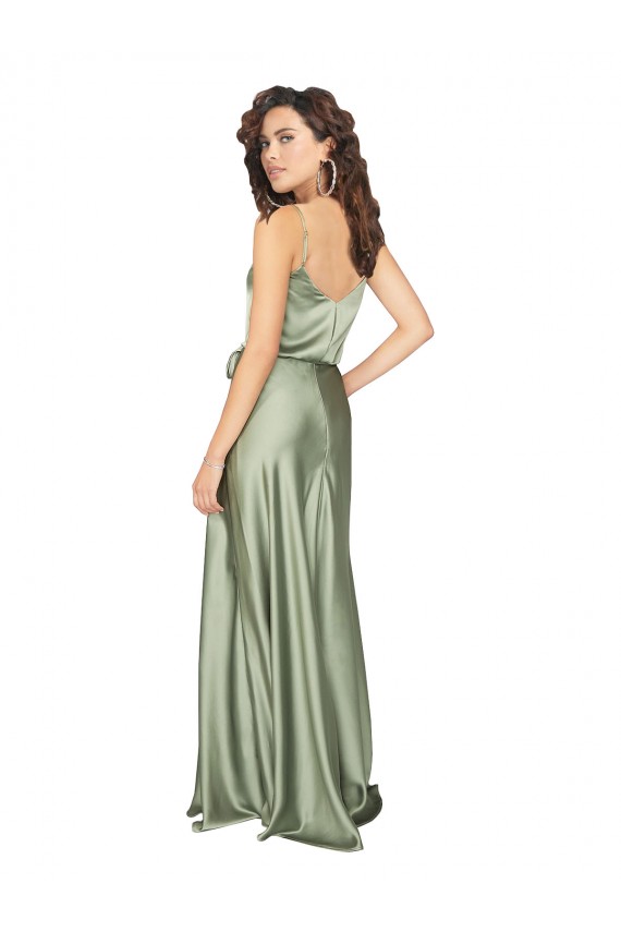 Vert fumée Trapèze Col V Satiné Soyeux Longue Formelles Robes demoiselle d'honneur / Robes de soirée en Gros