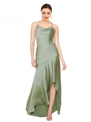 Vert fumée Trapèze Satiné Soyeux Longue Asymétrique Formelles Robes demoiselle d'honneur / Robes de soirée / Robes de bal en Gros