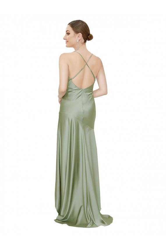 Vert fumée Trapèze Satiné Soyeux Longue Asymétrique Formelles Robes demoiselle d'honneur / Robes de soirée / Robes de bal en Gros