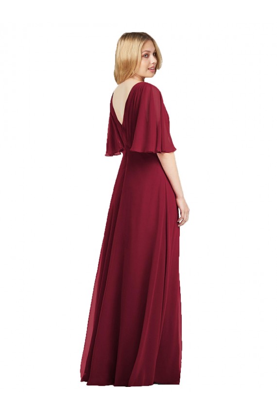 Vert fumée Trompette Col V Mousseline Longue Robes demoiselle d'honneur en Gros