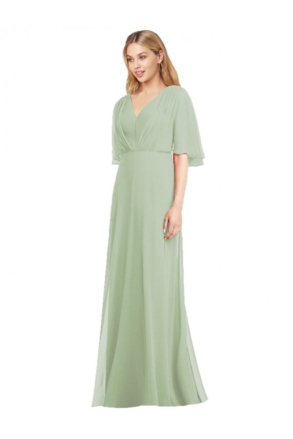 Vert fumée Trompette Col V Mousseline Longue Robes demoiselle d'honneur en Gros