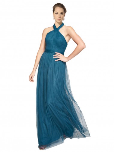 Vert sarcelle Trapèze Licou Col Haut Tulle Longue Robes demoiselle d'honneur en Gros