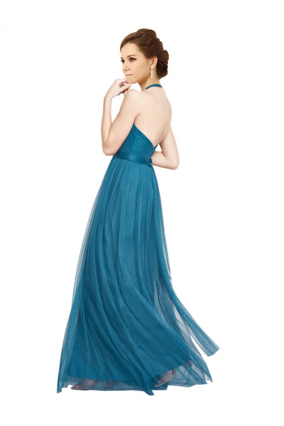 Vert sarcelle Trapèze Licou Col Haut Tulle Longue Robes demoiselle d'honneur en Gros